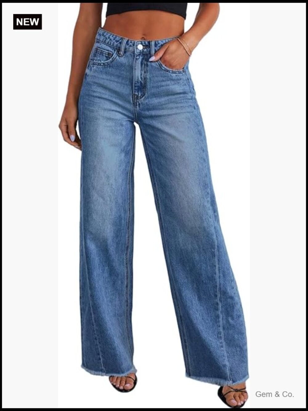 High Waisted Wide Leg Jeans with Raw Hem Stretchy Denim Pants - Picture 1 of 7